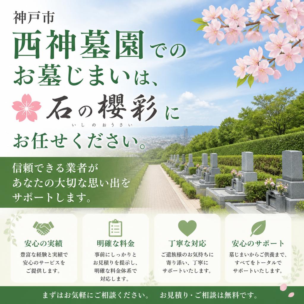神戸市西神墓園でのお墓じまいは、石の櫻彩にお任せください。信頼できる業者があなたの大切な思い出をサポートします。